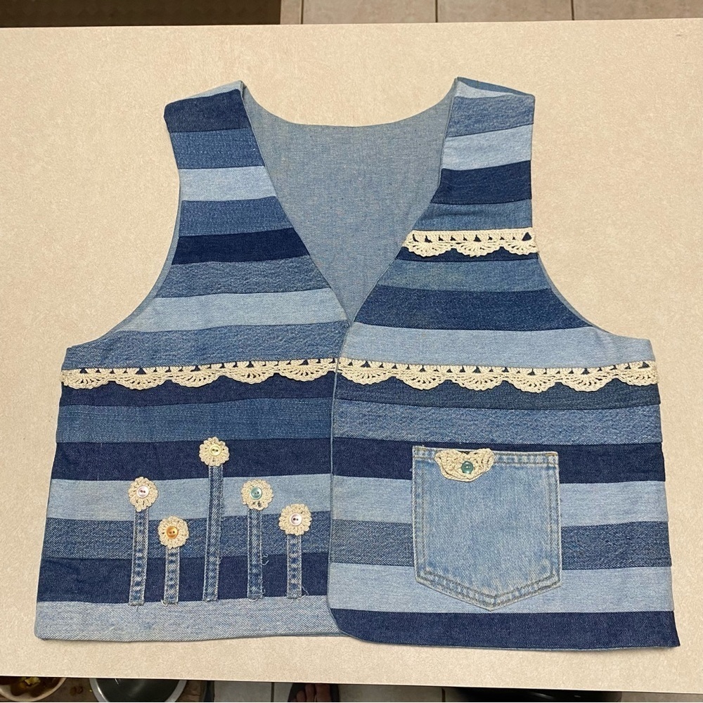 Striped Blue Denim Vest with Floral Accents